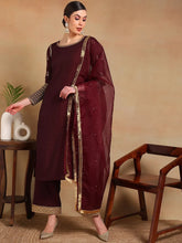 Women Burgundy Silk Blend Embroidered Straight Kurta Pant Set With Dupatta-PKSKD2226